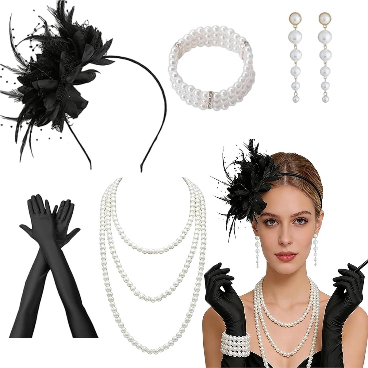 Jaren 20 kostuumset voor dames - 6-delige Gatsby-accessoires voor themafeesten, retro evenementen en modieuze looks