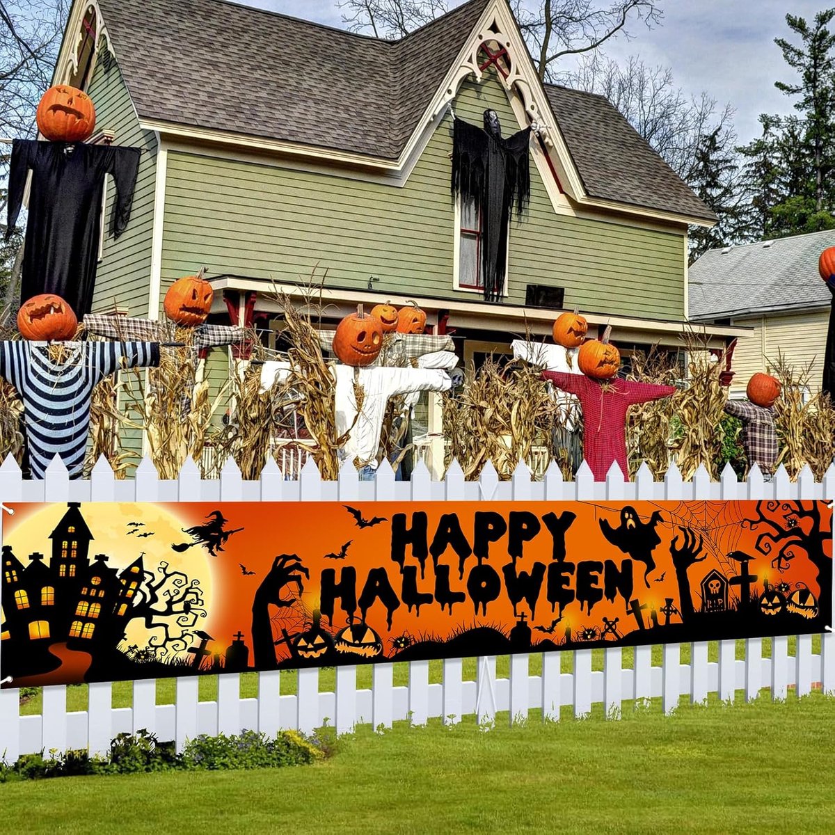 KZQ Halloweenversieringen - Lange Halloweenbanners - Stoffen banners - Muurbanners - Halloween muur- en tafeldecoraties - Met 10 meter wit lint - 120x20 in - Geel