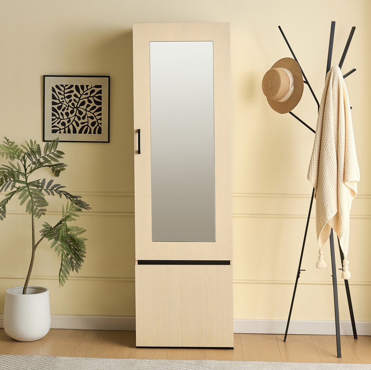 DESMIU Garderobekast - Spiegel En Uittrekbare Kledingroede - Voor Hal En Slaapkamer - MDF - 54x34,5x179,5 Cm - Houtkleur