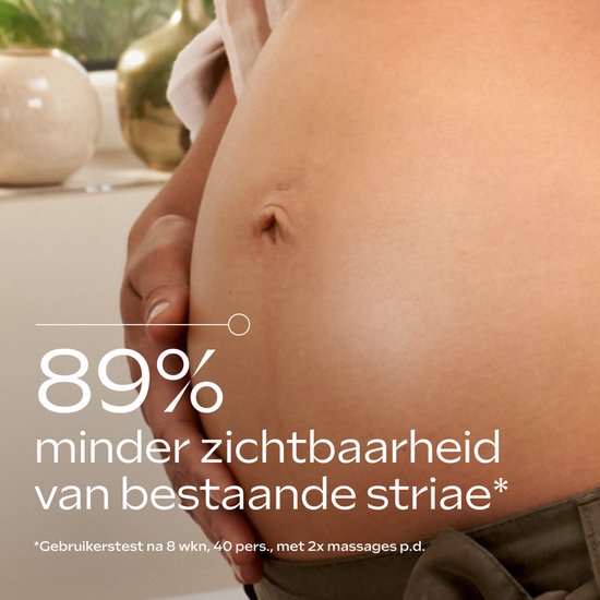 89% minder zichtbaarheid van bestaande striae. Gebruikerstest na 8 wkn, met 2x massages p.d.