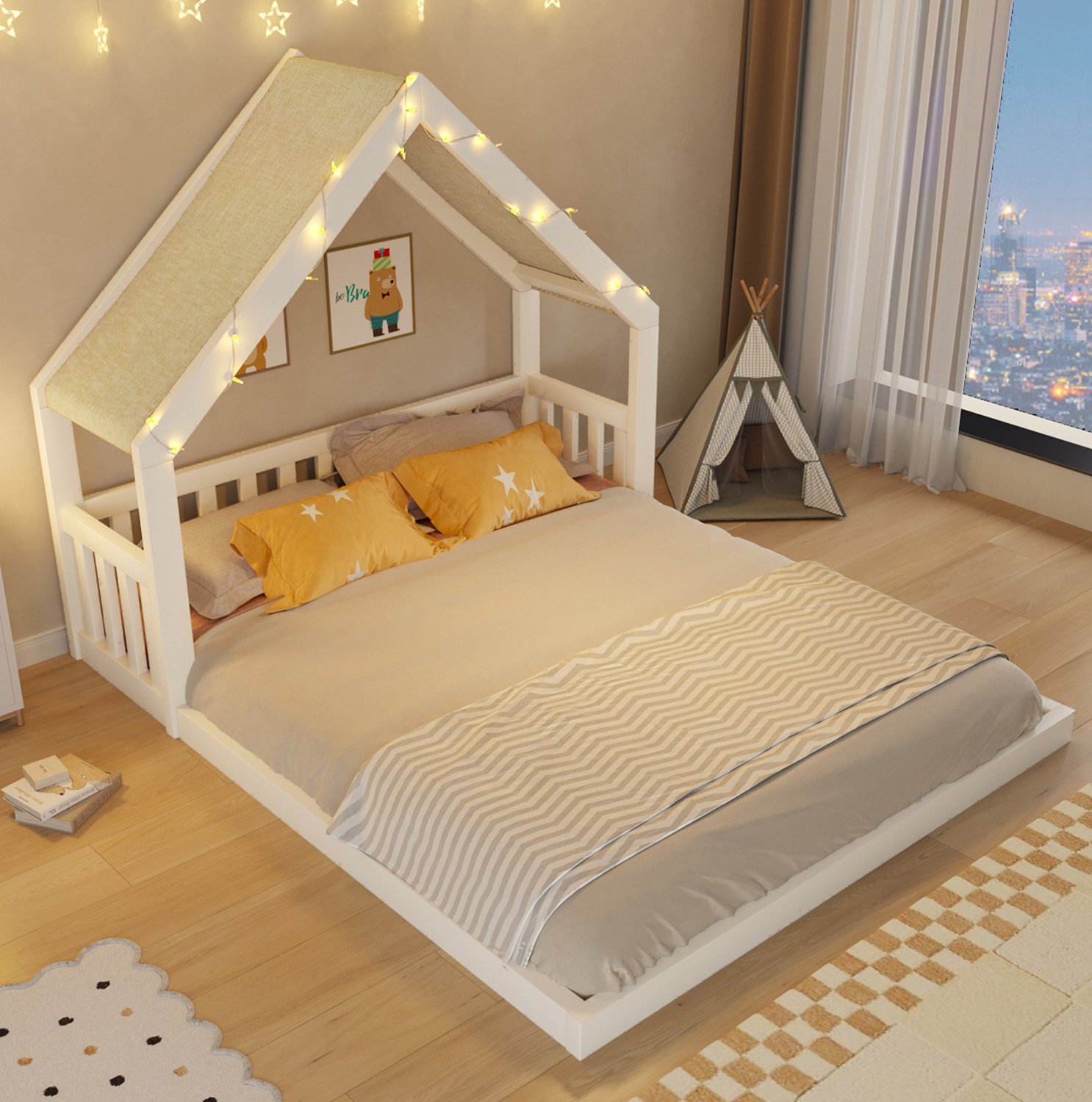 WUVRIE Huisbed 140x200 cm - Met stoffen dak en lichtslinger - Wit