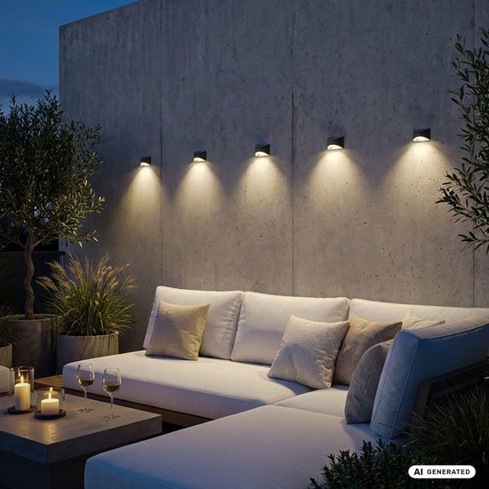 Antracietkleurige wandlampen op een betonnen muur boven een witte buitenbank met warm wit licht.