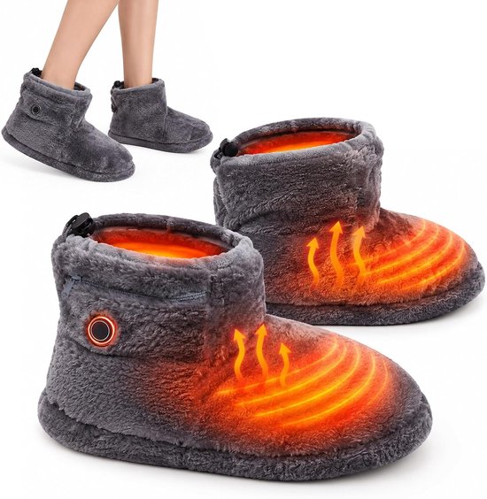 Grijze pluche USB-verwarmde pantoffels die warmte uitstralen, getoond in paren en aan voeten.