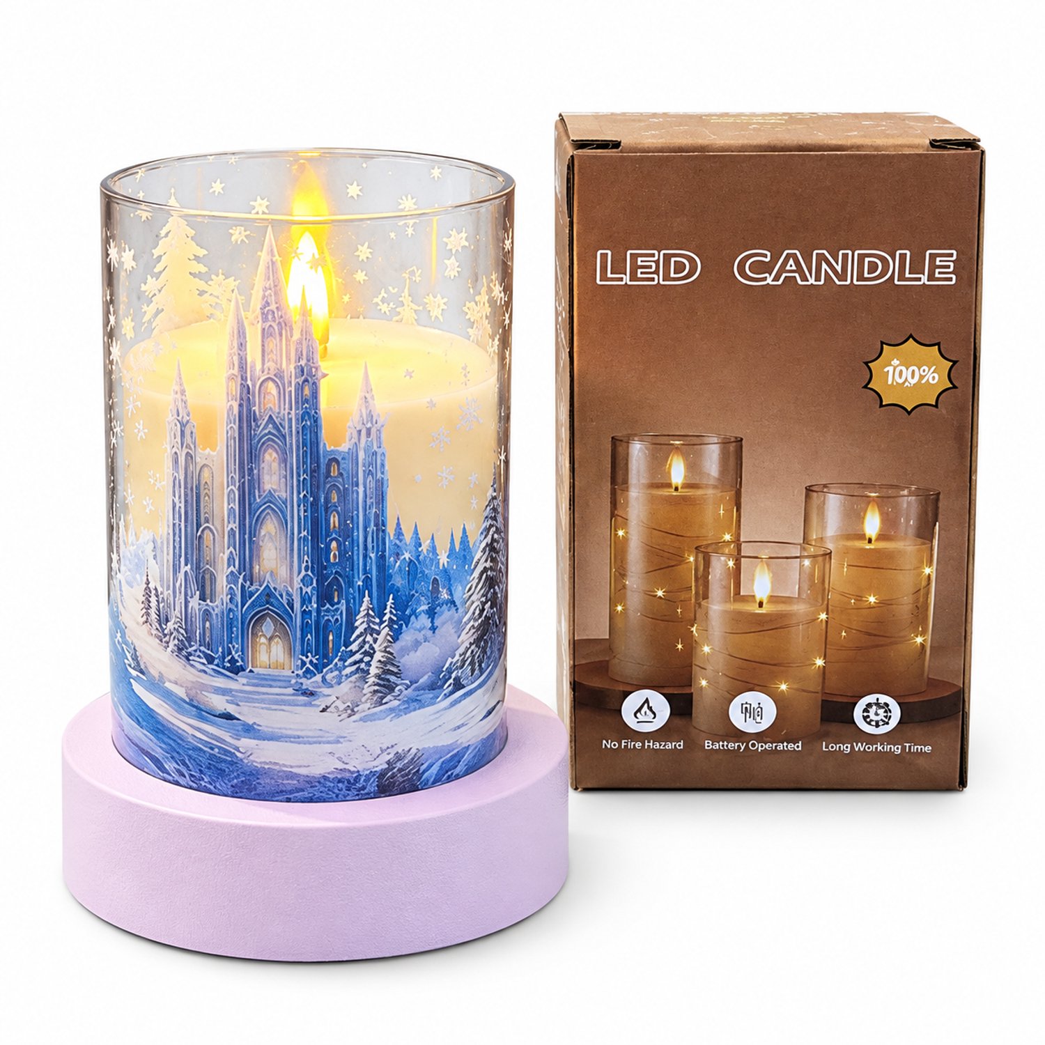 led kaarsen - sneeuwdecor, 7,5 x 10 cm, warm licht en vlameffect, op batterijen, batterijen niet inbegrepen