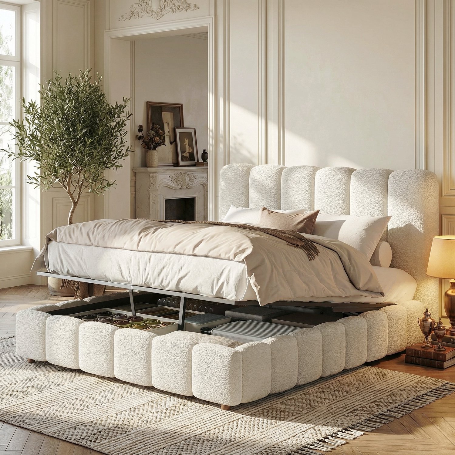 WUVRIE Gestoffeerd bed 140x190 cm - Hydraulische opbergruimte en lattenbodem - Wit bouclé