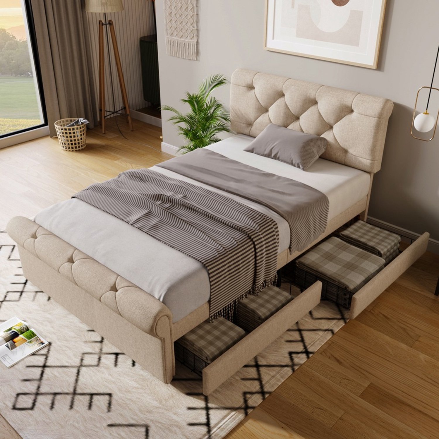 KOMHTOM Gestoffeerd bed - 90x200 cm - Naturel - In hoogte verstelbaar hoofdeinde - Verstelbaar hoofdeinde - Chesterfield - Hoofdeinde - Lade Natuurlijk
