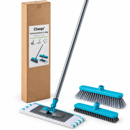 Cheqo® Schoonmaakset 5-Delig - Bezem met Steel - Vloerwisser met Microvezel Doek - Zachte en Harde Bezem - Vlakmop - Bezemset - Kamerveger - Huishoudset - Schoonmaakartikelen voor Binnen - Poetsset - Kuisgerief — afbeelding 5