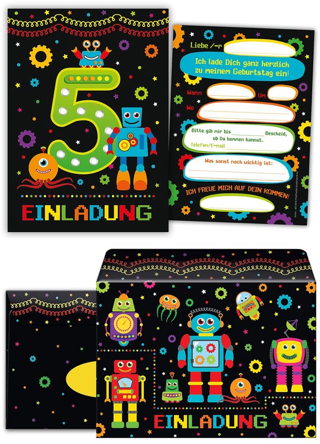 12 Uitnodigingskaarten met 12 Enveloppen - Robotthema voor Verjaardagen