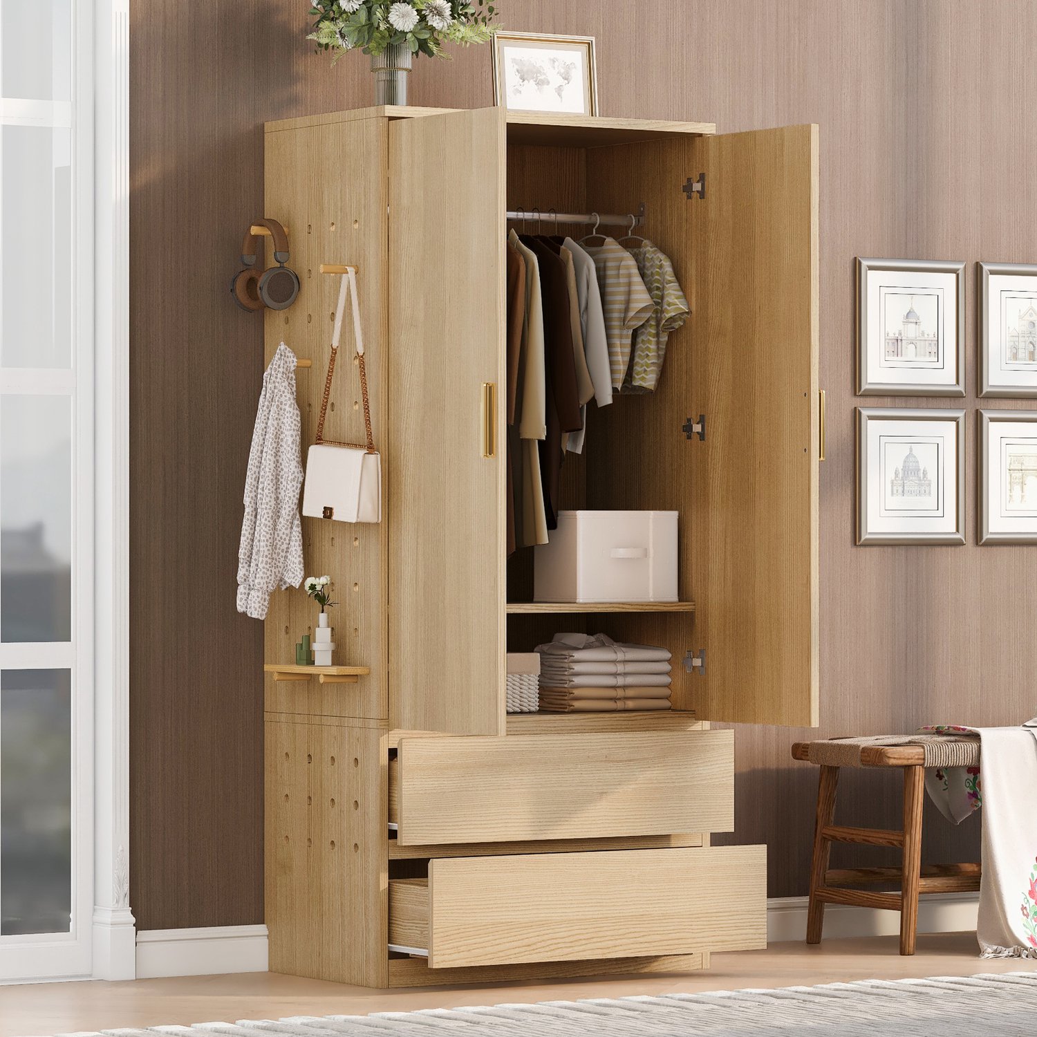 Zubaliya Kledingkast - 70 x 50 x 170 cm - Naturel - 2 lades en zijpaneel met gaatjes