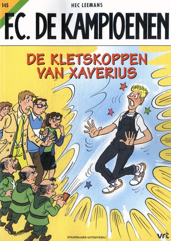 Bande dessinée 145 F.C. De Kampioenen : De kletskoppen van Xaverius, avec Xaverius choqué entouré par d'autres personnages.