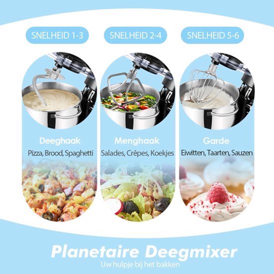 Keukenmachine, 6,2 L Staande Mixer 1400W – Deegmixer met Planetaire Mengtechniek, Menghaak, Deeghaak, Garde (Zwart, 6,2 L) — afbeelding 3