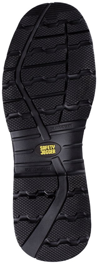Zwarte, oliebestendige profielzool van een Safety Jogger schoen met geel logo.