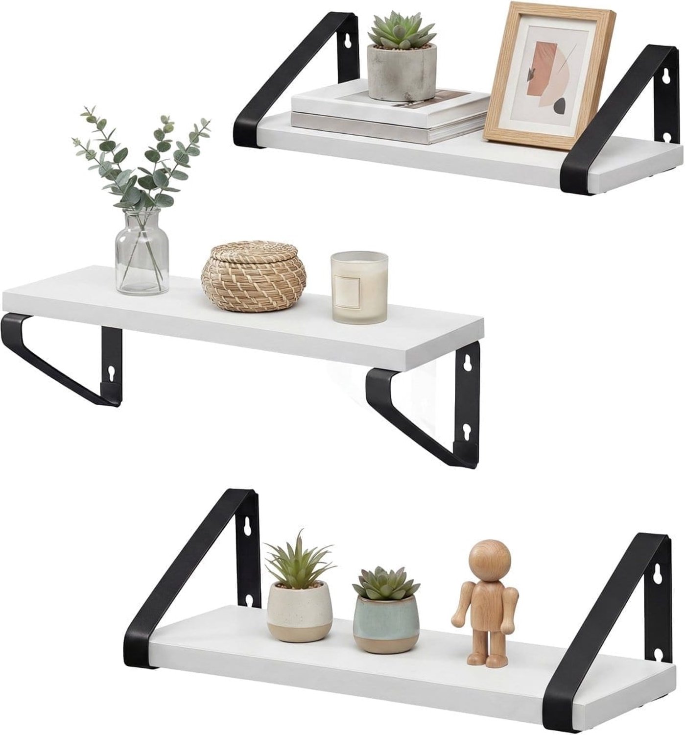 Klarven Wandplanken Zwart - Wandplanken Zwevend - Wandplanken Set - Floating Planken - Set van 3, Draagvermogen 10 kg - Inclusief Bevestigingsmateriaal wit | zwart