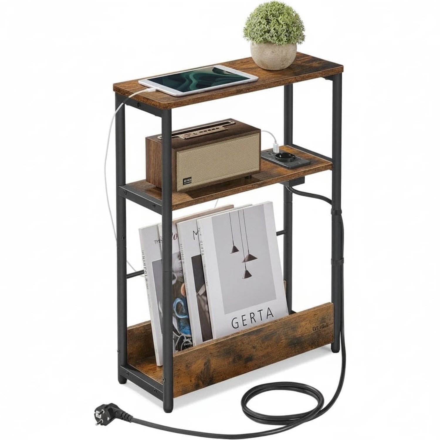 Klarven Bijzettafel Bruin-Zwart - Tijdschriftenhouder - Nachtkastje met Oplaadstation - Bijzettafel Bank - Bijzettafel - Oplaadstation met USB-poorten - 3 Niveaus - 45x18x58 cm
