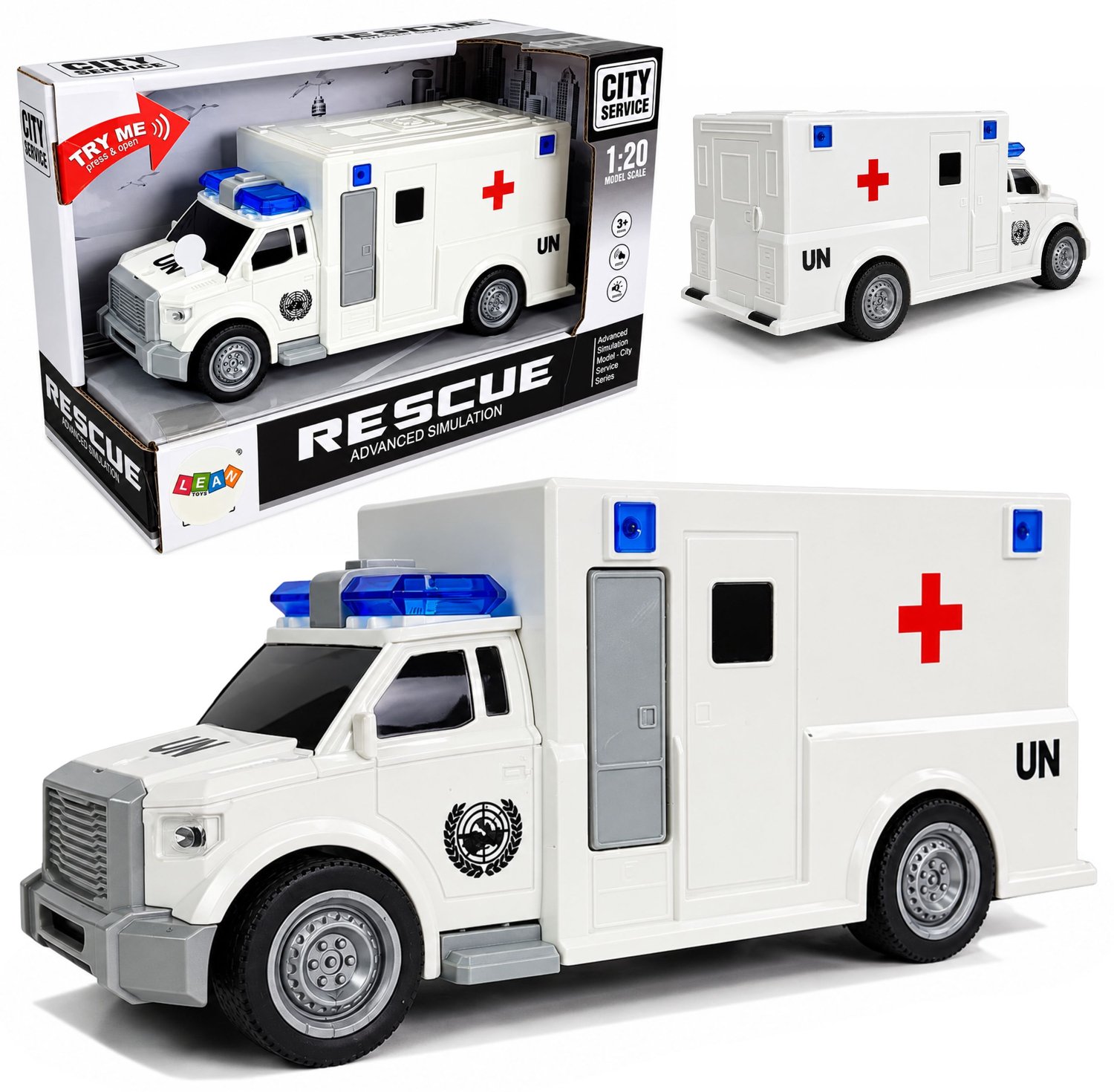 Ambulance Speelgoed met Geluid en Licht, 1:20 Schaal, Frictie Aandrijving