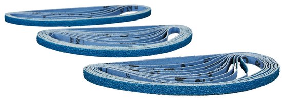 Drie opgerolde blauwe schuurbanden van 9 x 533 mm voor professioneel schuurwerk.