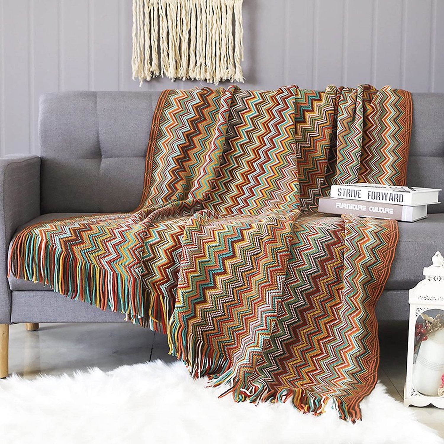 Geknoopt Dekentje met Kwastjes - Bohemian Houndstooth Patroon