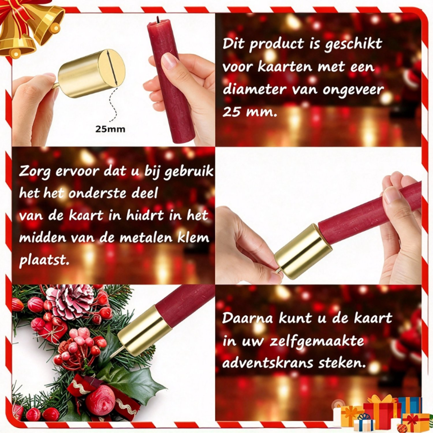 Set van 8 adventskranskaarsenhouders met een diameter van 2,5 cm, metalen taps toelopende kaarsenhouders met pin voor het zelf maken van een adventskrans. Kerstversiering,goud – foto 7