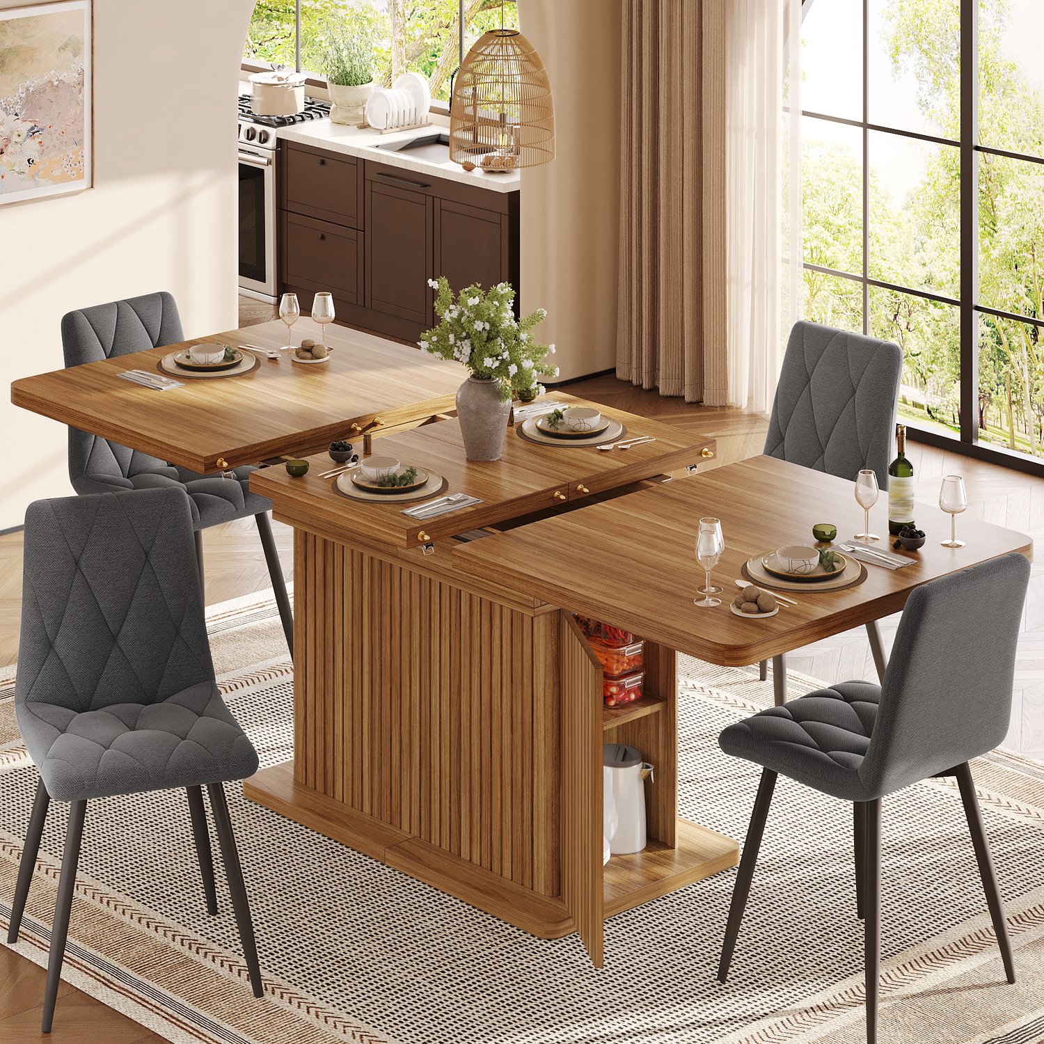 MODENUIT Eettafel - Uitschuifbaar Met Opbergruimte - Eetkamer - MDF En Metaal - 120-160x80x76 Cm - Bruin