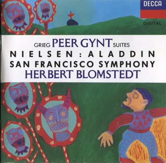 CD-hoes van Griegs Peer Gynt en Nielsens Aladdin met een abstract, kleurrijk schilderij van figuren in een landschap.