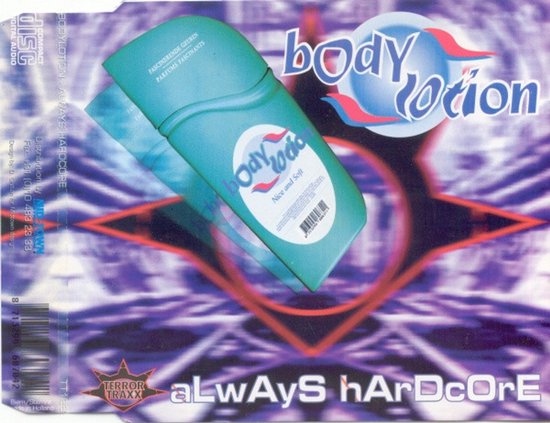 Cd-hoes van Bodylotion Always Hardcore met een turquoise fles bodylotion op een paarse, abstracte achtergrond.