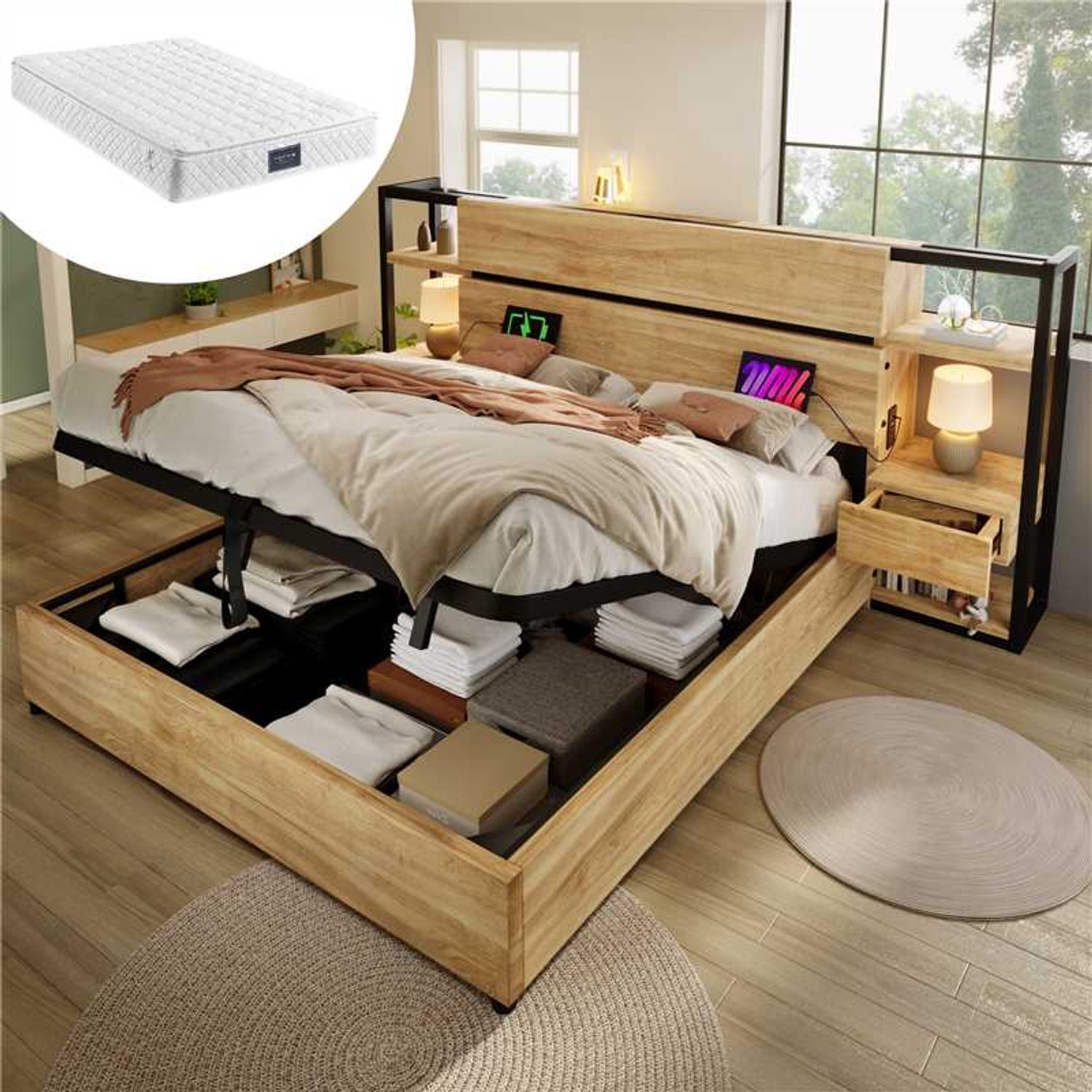 intebiki Houten tweepersoonsbed 160×200cm - hydraulisch opbergbed - opberghoofdbord met lades en USB- en Type-C-oplaadpoort - bedframe met houten lattenbodem - eikenkleur (inclusief matras).
