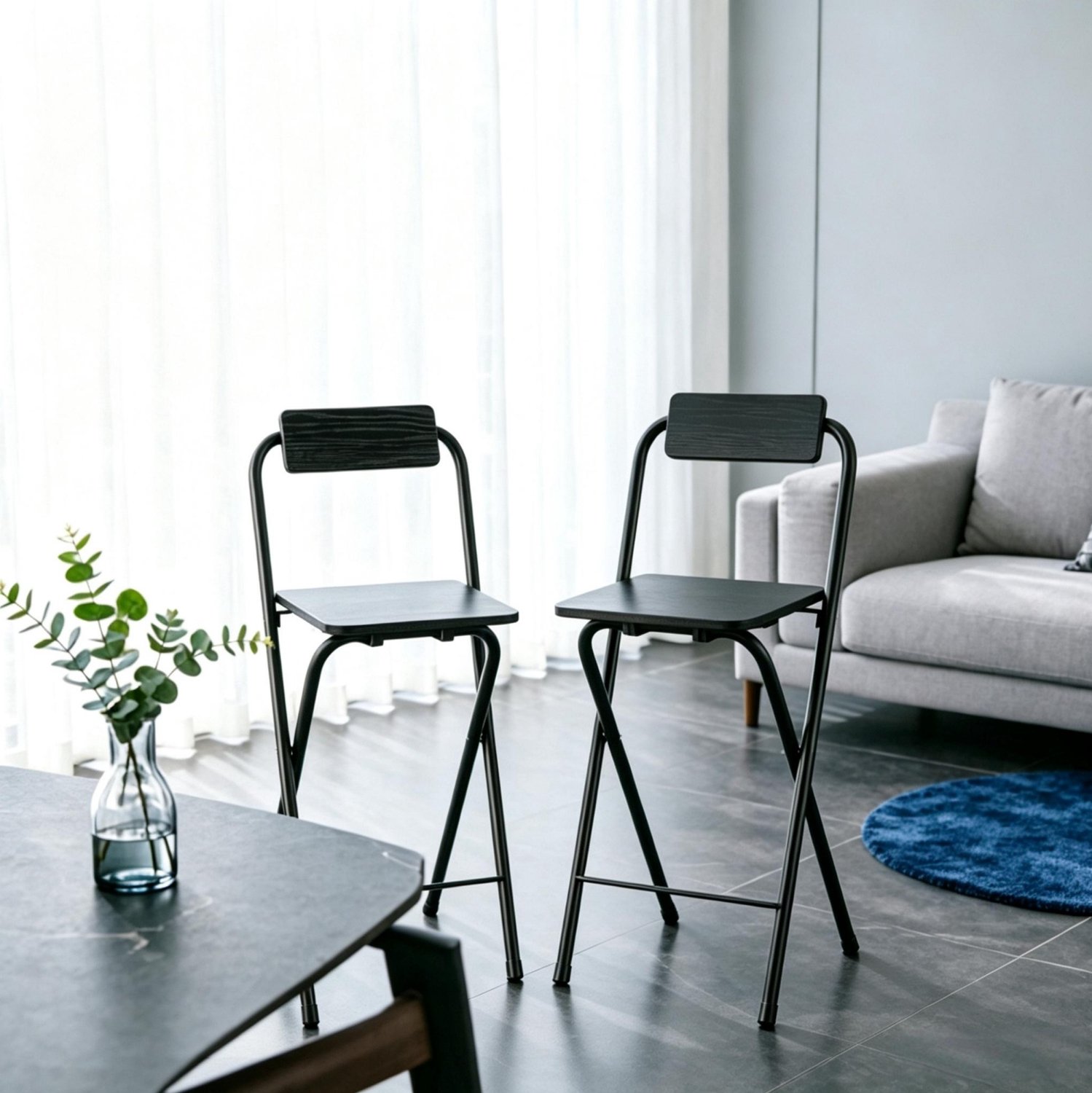 MIVRAY Barkruk 87 Cm - Opklapbaar Met Rugleuning En Voetensteun - Voor Kleine Keukens, Studios En Bars - MDF En Staal - Zwart