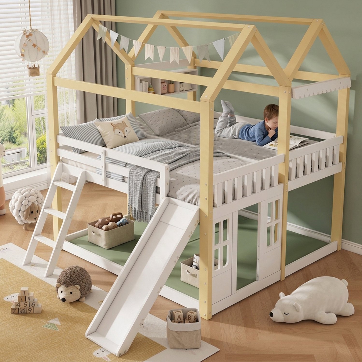 WUVRIE Halfhoogslaper 90x200 cm - Huisbed met glijbaan en ladder - Wit/naturel Wit en naturel