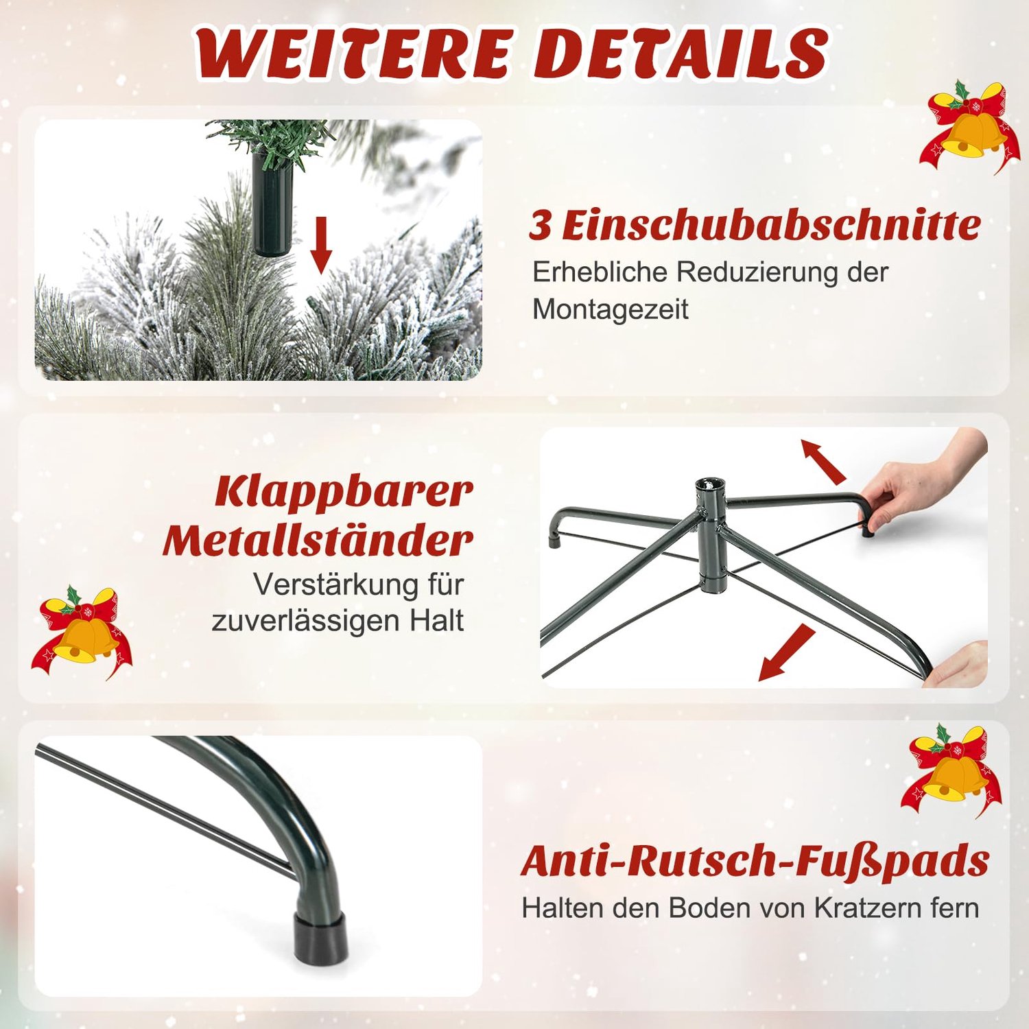 COSTWAY Kunstkerstboom 180 cm met verlichting - Smal Potloodmodel met Sneeuweffect - PVC 373 takken - 150 Warmwitte LED-lampjes - Wit en groen – foto 6