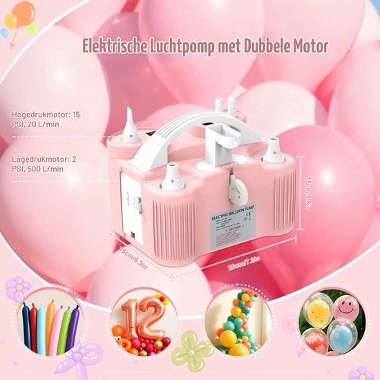 4-in-1 elektrische luchtpomp, multifunctionele ballonpomp, elektrisch met dubbele motor en 10 luchtsproeiers voor het opblazen/ontluchten van modelleerballen, sportballen, zwembaddrijvers en — afbeelding 2