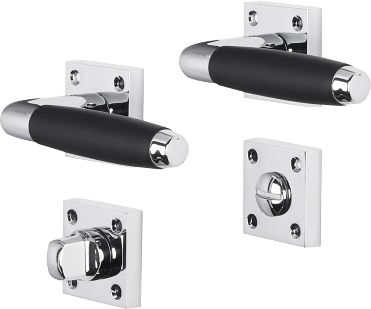 Deurkruk - Impresso Swindon - Voor binnen - Vierkant met schroeven en vierkant toiletrozet - Chroom - Zwart - 2 stuks