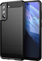 Geborsteld TPU Hoesje Geschikt voor Samsung Galaxy S21 FE | Beschermhoes | Back Cover | Flexibel TPU | Stijlvol Carbon | Dun | Zwart