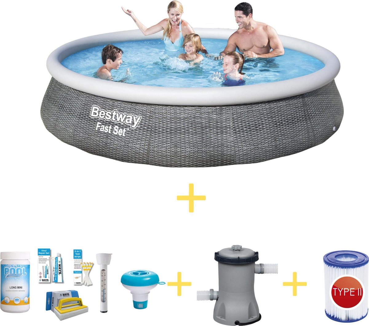 Bestway Zwembad – Fast Set – 396 x 84 cm – Inclusief WAYS Onderhoudspakket, Filterpomp & Filter