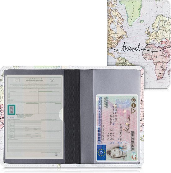 kwmobile hoes voor kentekenbewijs en rijbewijs - Omslag met pasjeshouder in zwart / meerkleurig - Imitatieleer - Travel Wereldkaart design