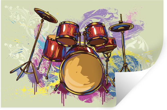 Muurstickers - Sticker Folie - Illustratie van een drumstel met verf - 90x60 cm - Plakfolie - Muurstickers Kinderkamer - Zelfklevend Behang - Zelfklevend behangpapier - Stickerfolie
