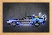 JUNIQE - Poster in houten lijst Neon Delorean -30x45 /Blauw & Grijs