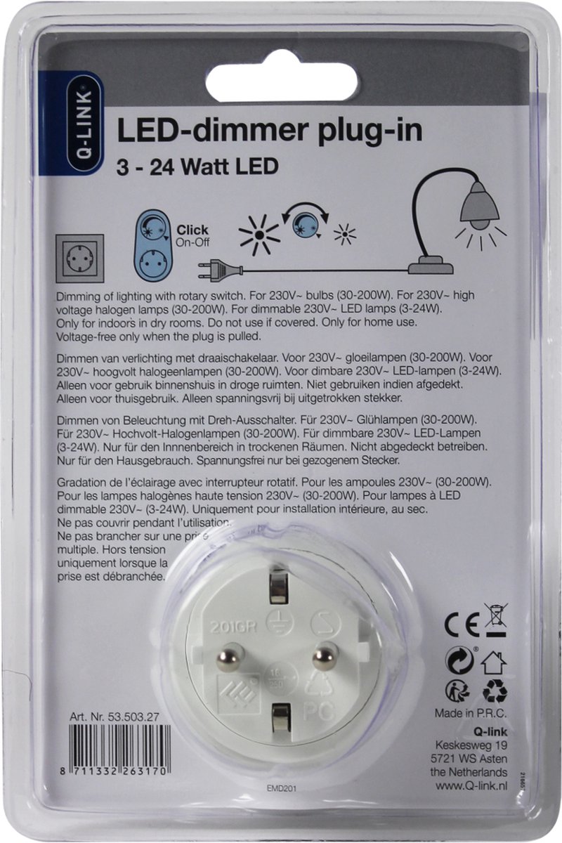 Q-Link Stekkerdimmer – LED Dimmer – Dimmer Stopcontact – 3 tot 24 Watt –  Wit | bol.com