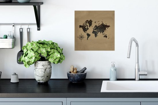 Poster Wereldkaart - Goud - Kompas - 30x30 cm