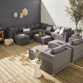 Premium loungeset rond gevlochten wicker XXL – VERONA – Grijs gemêleerd wicker, donkergrijze kussens, 12 tot 14 plaatsen, high-end