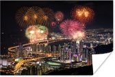 Vuurwerk boven de Zuid-Koreaanse stad Busan Poster 120x80 cm - Foto print op Poster (wanddecoratie woonkamer / slaapkamer) / Aziatische steden Poster