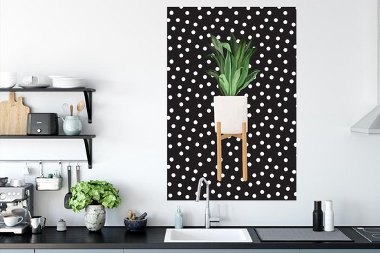 Illustration d'une plant à longues feuilles sur fond noir à pois blancs 80x120 cm