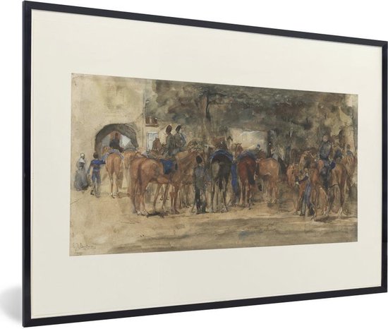 Fotolijst incl. Poster - Rustende cavalerie op een plein - Schilderij van George Hendrik Breitner - 90x60 cm - Posterlijst