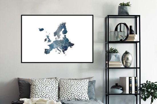 Fotolijst incl. Poster - Kaart Europa - Blauw - Aquarelverf - 120x80 cm - Posterlijst
