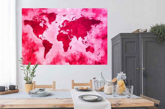 Wereldkaart avec peinture rose vif et fond avec motif texturé 180x120 cm