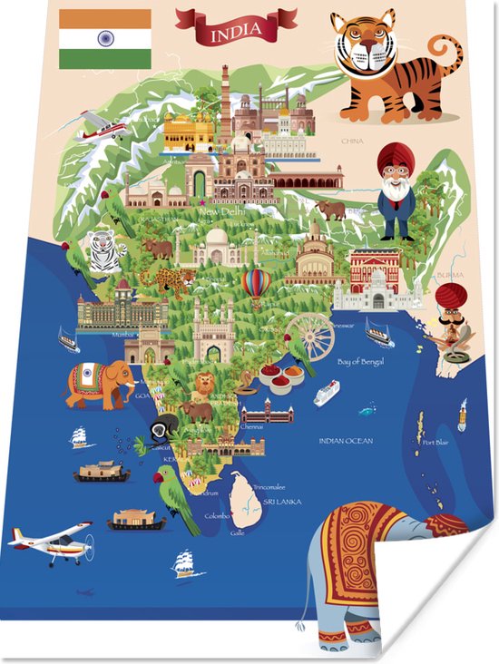 Illustration de la carte de l'Inde en poster style cartoon 120x160 cm - Tirage photo sur Poster (décoration murale salon / chambre) XXL / Groot format!