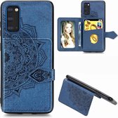 Voor Galaxy S20 Mandala reliëf magnetisch doek PU + TPU + PC-hoes met houder & kaartsleuven & portemonnee & fotolijst & riem (blauw)