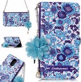 Voor LG K8 (2017) (EU-versie) Blauw en wit porseleinpatroon Horizontale flip lederen tas met houder & kaartsleuven & parelbloem Ornament & ketting
