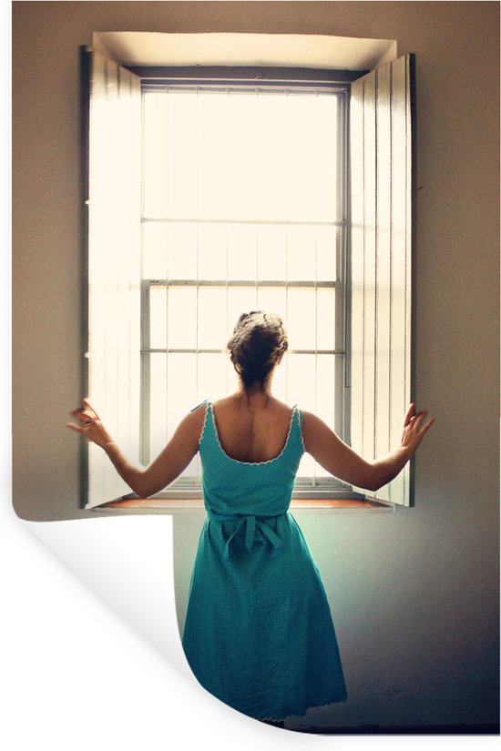 Stickers muraux - Femme ouvre la fenêtre - 80x120 cm - Film adhésif