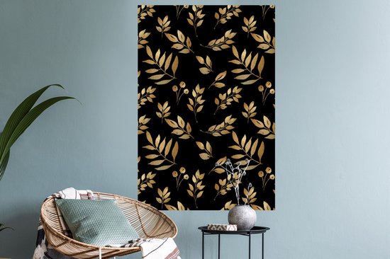 Sticker Muursticker Feuilles dorées/roses - Motif de branches avec feuilles et baies dorées sur fond noir - 60x90 cm - Film adhésif autocollant - Sticker mural repositionnable