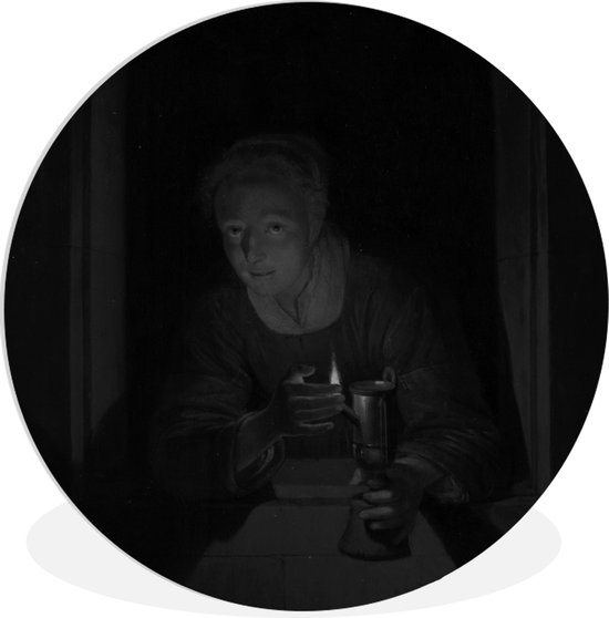 WallCircle - Wandcirkel ⌀ 30 - Meisje met een lamp in zwart wit - Schilderij van Gerrit Dou - Ronde schilderijen woonkamer - Wandbord rond - Muurdecoratie cirkel - Kamer decoratie binnen - Wanddecoratie muurcirkel - Woonaccessoires